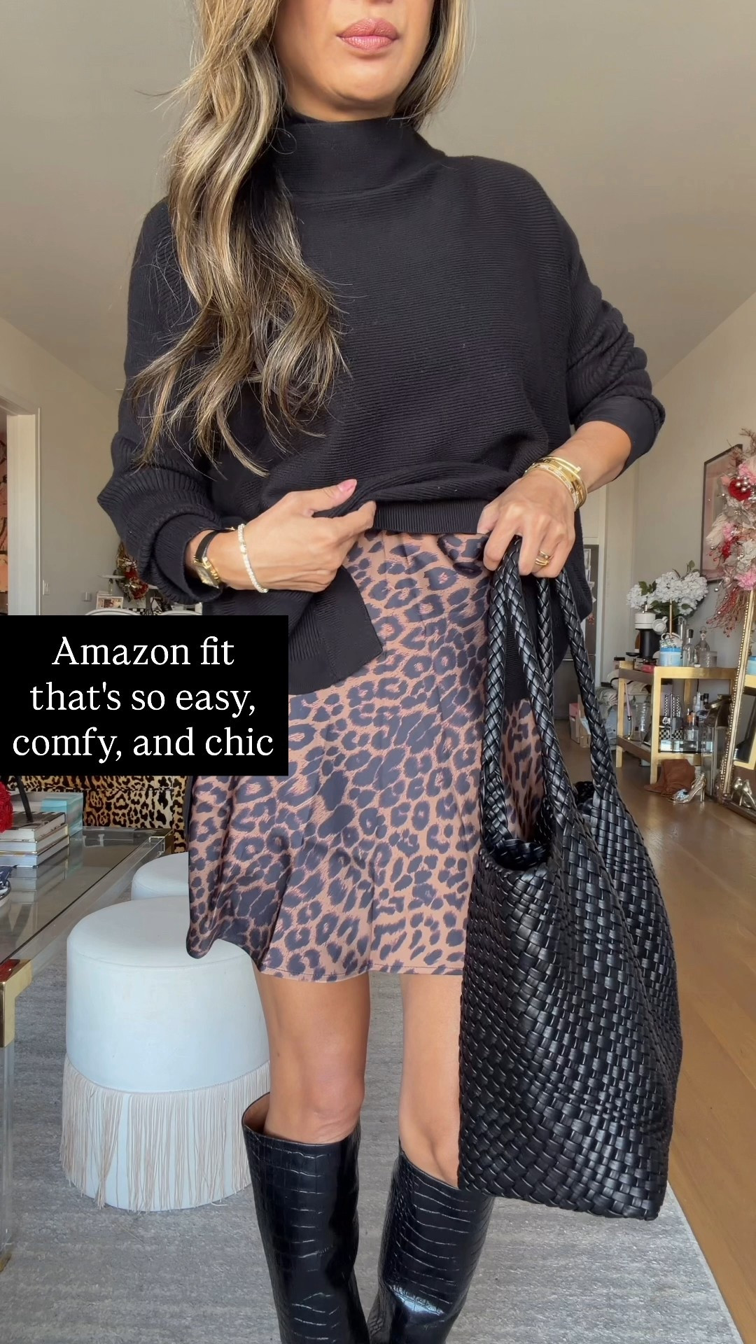 Amazon outfit that's comfy. Black sweater, satin elastic waist skirt. Boots. Size small  

#LTKFindsUnder100 #LTKStyleTip #LTKHoliday