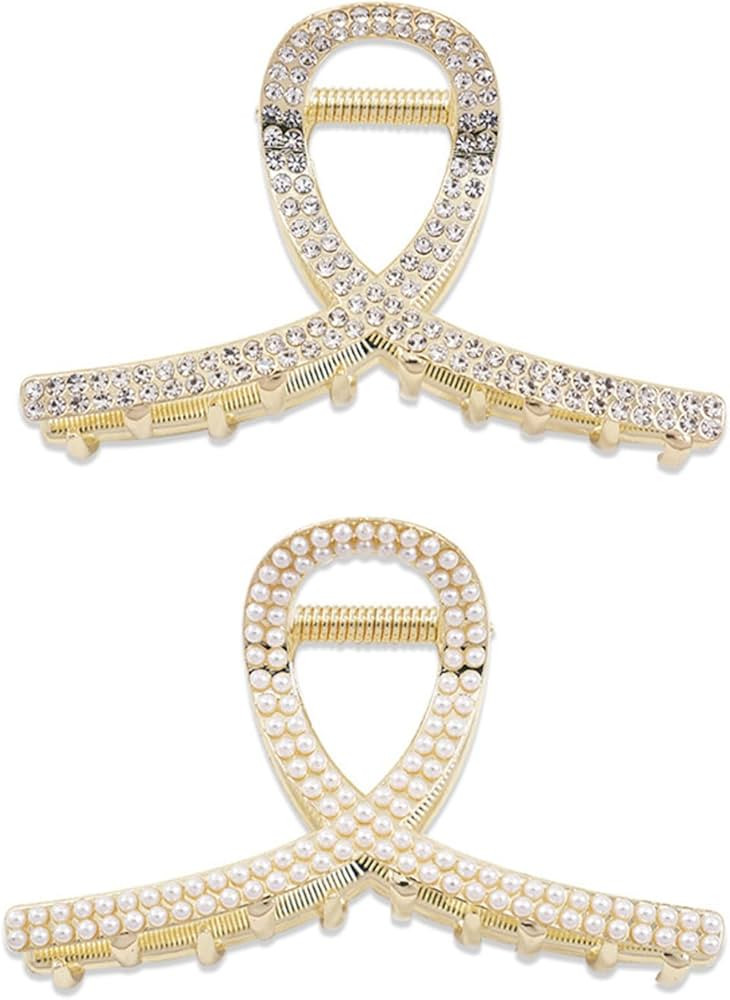 2 Pcs Gold Rhinestone Hair Clips For Women,Medium Metal Sparkly Hair Claw Clip For Thick Hair,Gri... | Amazon (US)