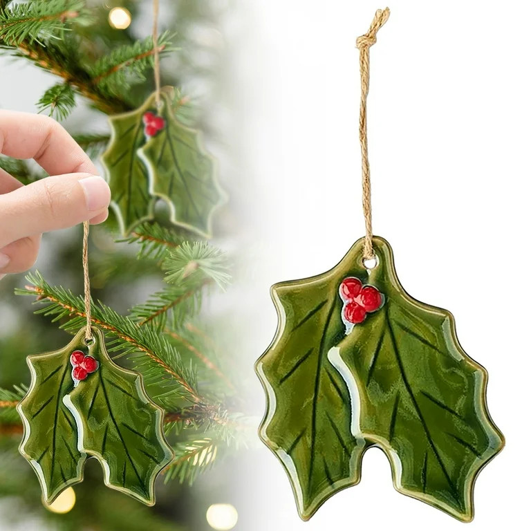 Red & Green Holly Leaves Christmas Ornament – Ceramic Holiday Decoration for Tree, Wreath, or G... | Walmart (US)