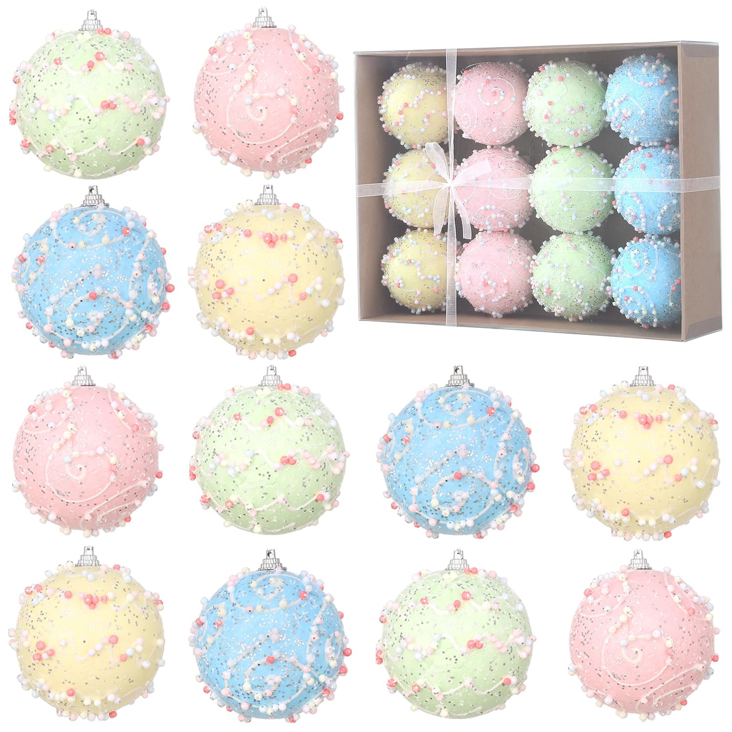 12 Pcs Pastel Color Shatterproof Glitter Foam Christmas Ornament Set - 3.15 Inch Decorative Hangi... | Amazon (US)