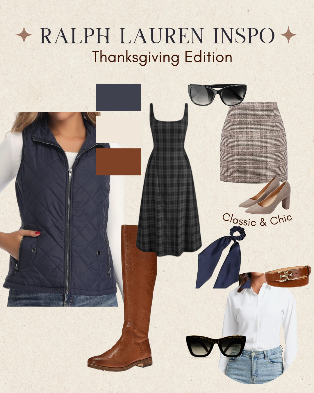 Classic & chic for every role at the table — navy, cream, and cognac forever.
Shop each look below on LTK:

DINNER GUEST – plaid midi + taupe pumps, gold hoops, sleek turtleneck.
LOW-COUNTRY LUXE – crisp white shirt, tweed mini, cozy cardi, riding boots.
THE HOSTESS – ivory cable knit + houndstooth skirt, pearls, belt detail.
EQUESTRIAN COZY – quilted vest, dark denim, knit turtleneck, tall boots.

Tap to shop 🛍️ Save to plan your outfit, and comment your fave look!
#ThanksgivingOutfits #ClassicStyle #RalphLaurenInspo #LTKFall #LTKHoliday #LTKstyletip 

 #LTKHoliday #LTKSeasonal