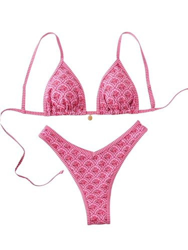 BEAUDRM Women's Triangle Thong Bikini Sets Y2k Floral Cute Bikinis String Swimsuits Bathing Suit Pink Small | Amazon (US)