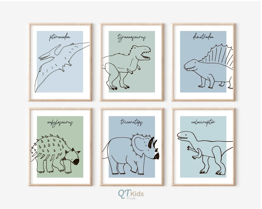 Dinosaur Prints, Hand Drawn Dinosaur Wall Art, Kids Room Blue Green Dino Decor, Triceratops T-rex... | Etsy (US)