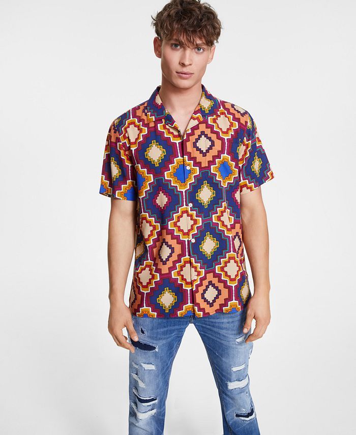 Sun + Stone Men's Jasper Regular-Fit Geo-Print Camp Shirt, Created for Macy's  & Reviews - Casual... | Macys (US)