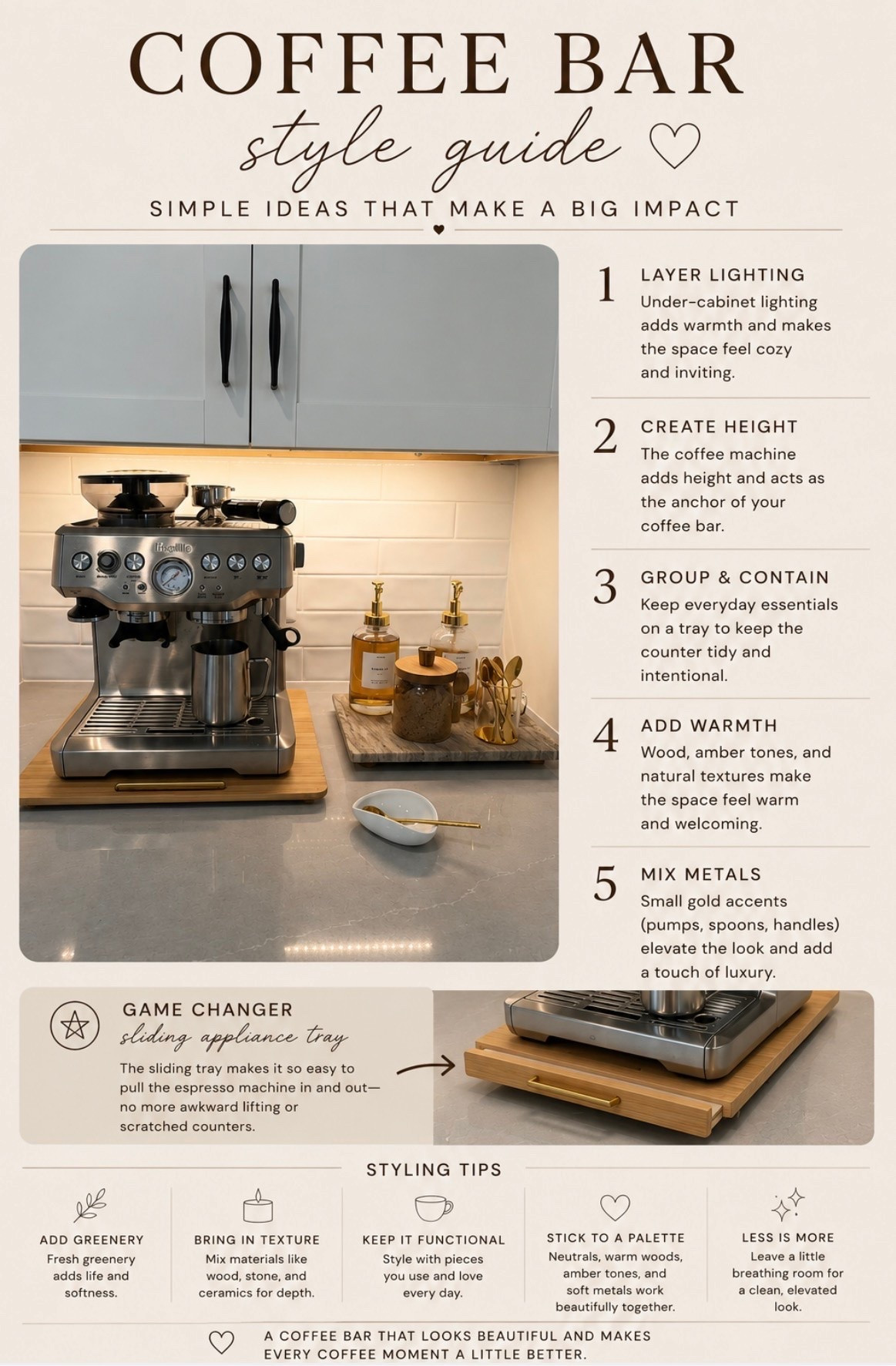 Neutral coffee bar styling ideas with warm wood accents, under-cabinet lighting, layered textures, gold details, and functional organization for a calm, elevated kitchen aesthetic.

#CoffeeBarStyling
#NeutralHomeDecor
#KitchenStyling
#CoffeeStationDecor
#OrganicModernHome