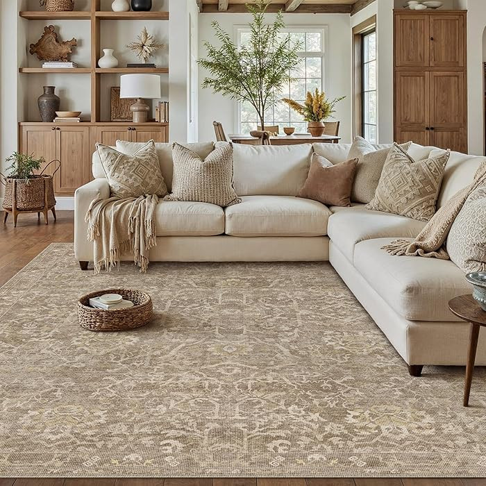HUGEAR Area Rug 8x10 Light Brown Machine Washable Living Room Rugs Distressed Vintage Floral Vacu... | Amazon (US)