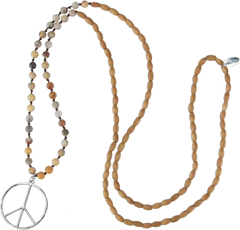 KELITCH Classic Peace Sign Necklace Love Hippie Pendant Frosted Crystal Beaded Necklace (Stone 0B... | Amazon (US)
