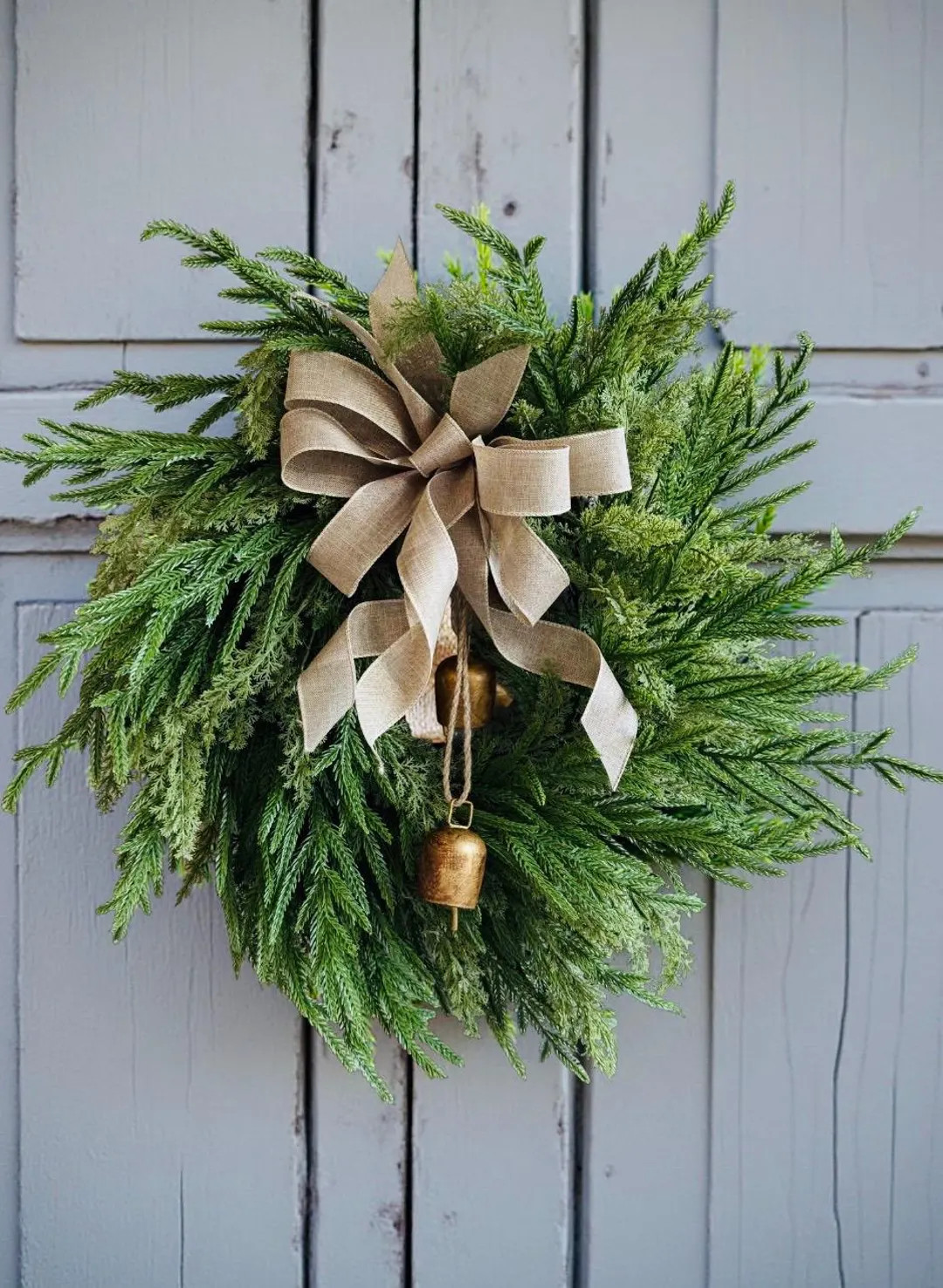 Rustic Christmas Wreath With Bells & Neutral Bow, Farmhouse Holiday Door Decor, Winter Greenery W... | Etsy (US)