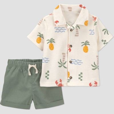 Carter's Just One You® Baby Boys' 2pc Tropical Button-Down T-Shirt and Shorts Set - Green/Ivory Newborn | Target