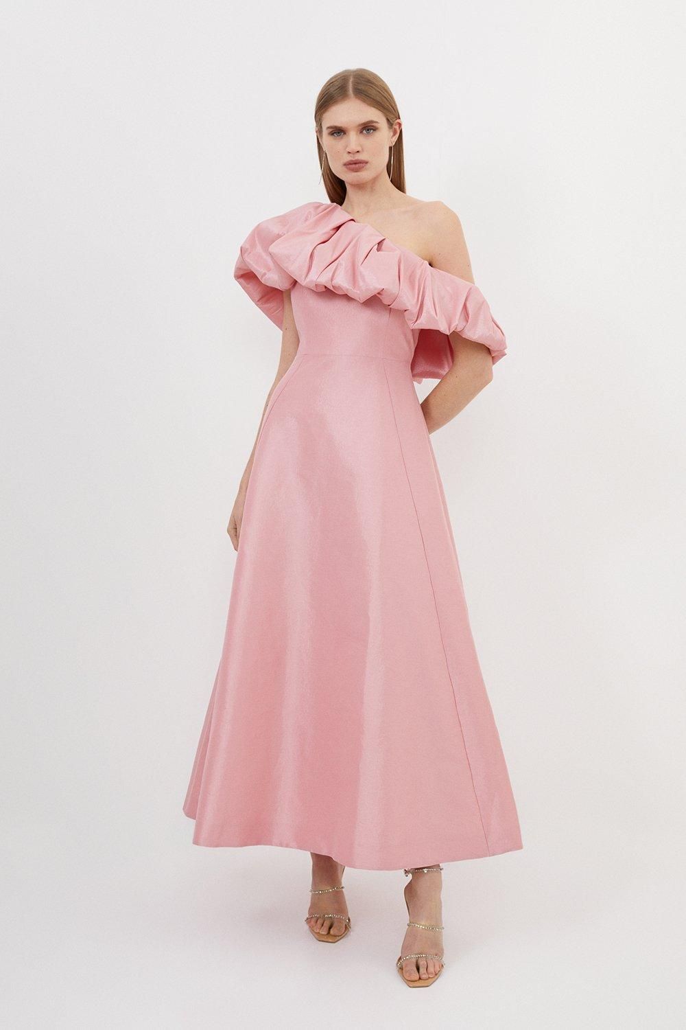 Metallic Taffeta One Shoulder Ruffle Full Skirt Maxi Dress | Karen Millen US