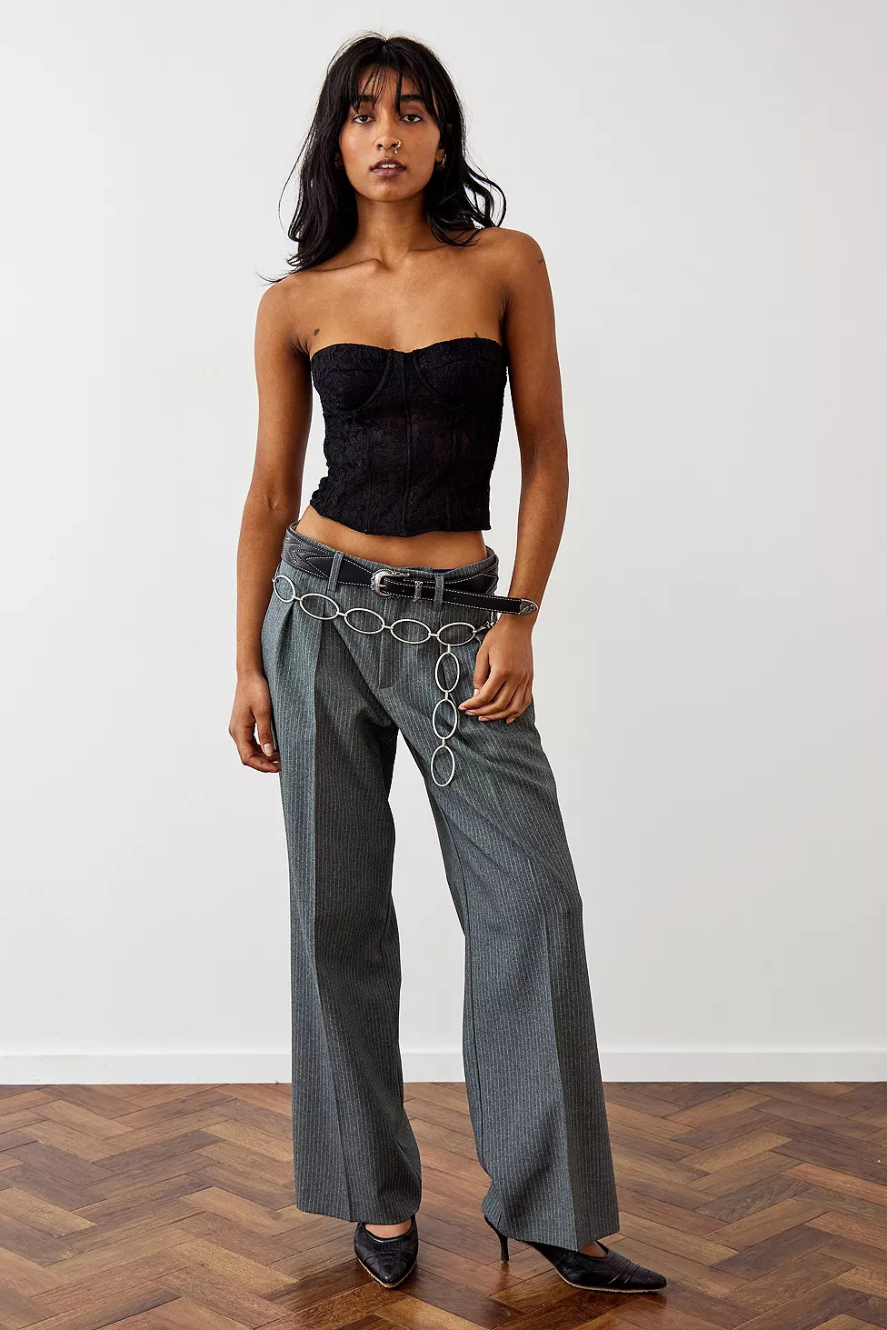 Archive At UO Grey Pinstripe Mensie Wide Leg Trousers | Urban Outfitters (EU)