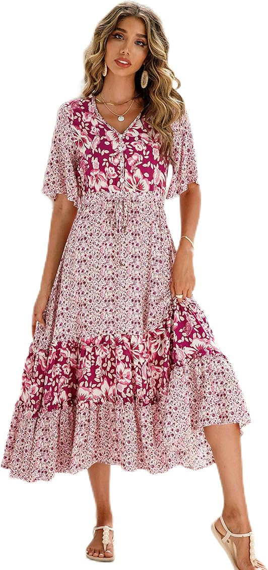 R.Vivimos Women's Short Sleeve V Neck Cotton Beach Floral Buttons Midi Dresses | Amazon (US)