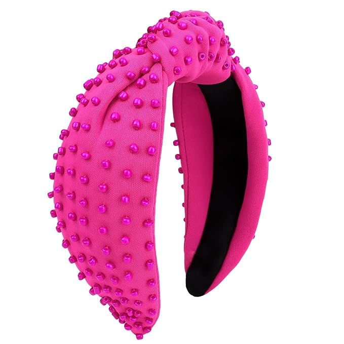Jaciya Pearl Headband for Girls Wide Knotted Headband for Women Beaded Hot Pink Headband Knot Tur... | Amazon (US)