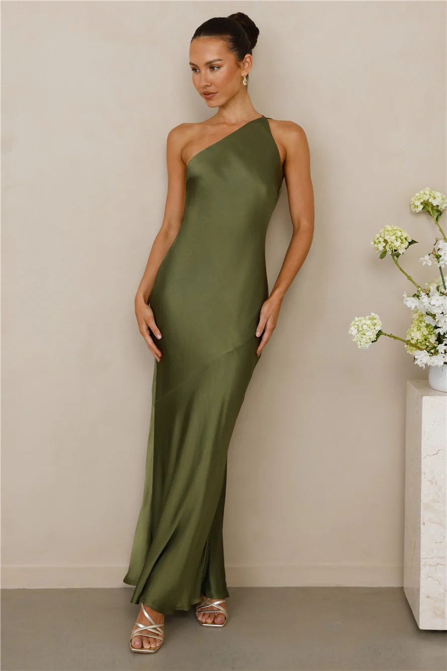 The Evangeline One Shoulder Satin Maxi Dress Olive | Hello Molly (US)