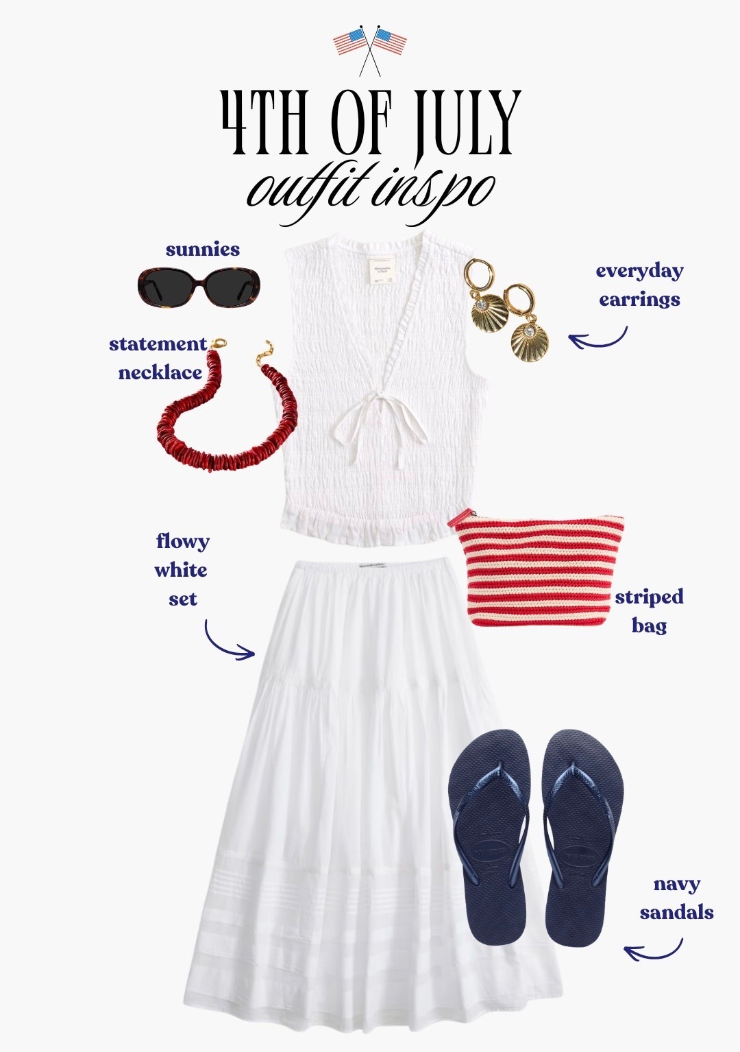 [6/30/26] 4th of July outfit inspo but make it easy, classic, and cute. Loving this flowy white set with pops of red and navy for a summer outfit that feels festive! ❤️

#LTKgrwm #LTKootd #LTKSeasonal