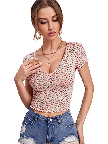 SweatyRocks Women's Basic Crop Top Short Sleeve Round Neck Tee T-Shirt Pink Floral S | Amazon (US)