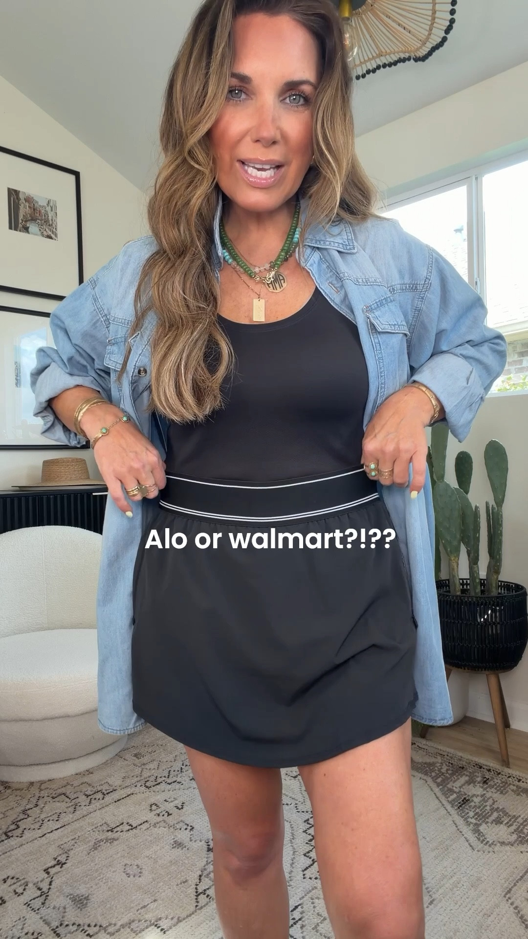 Alo look for less skort that is so perfect!! Under $20 too!! Wearing a size medium in skort, small in tank and denim top  

#LTKPetite #LTKSeasonal #LTKOver40