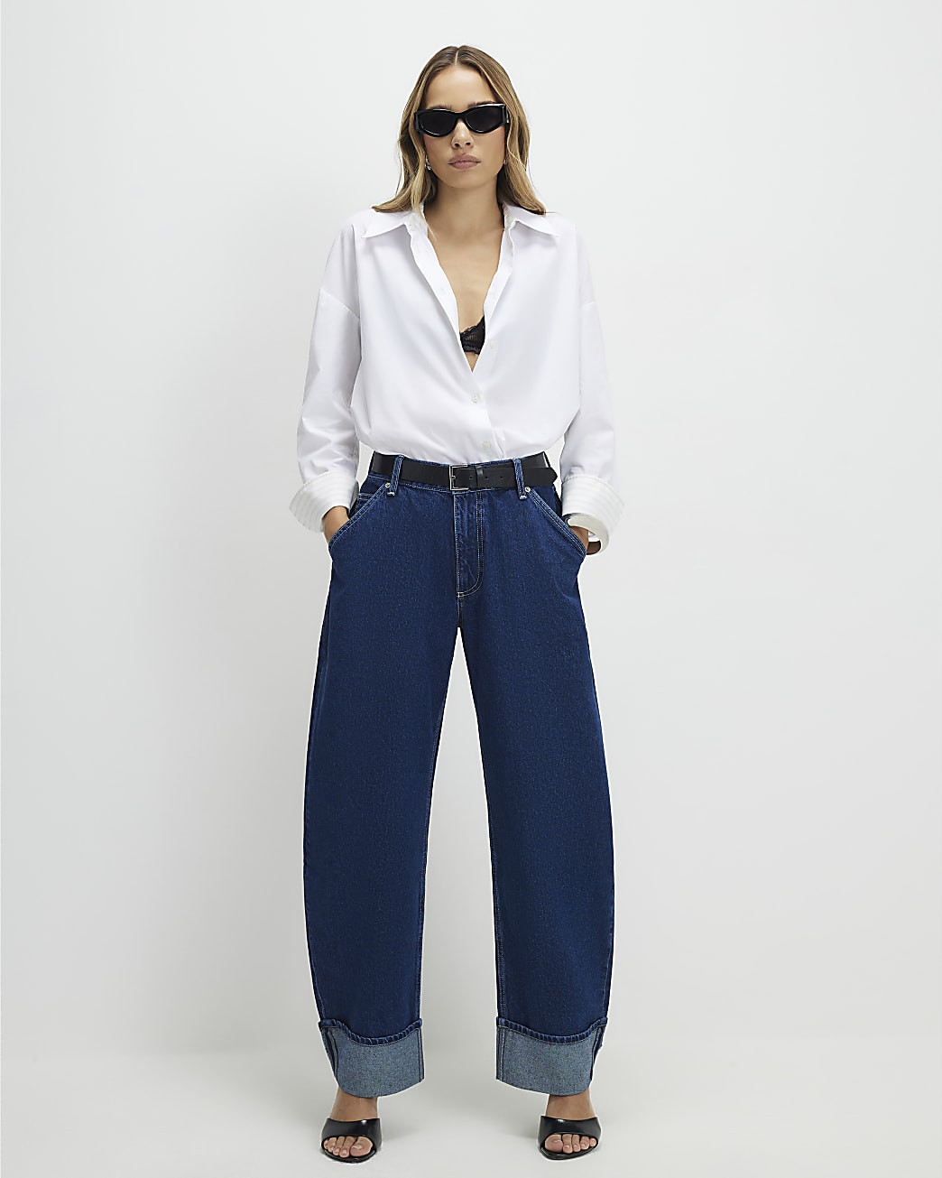 Blue Turn Up Cuff Barrel Leg Jeans | River Island UK & IE