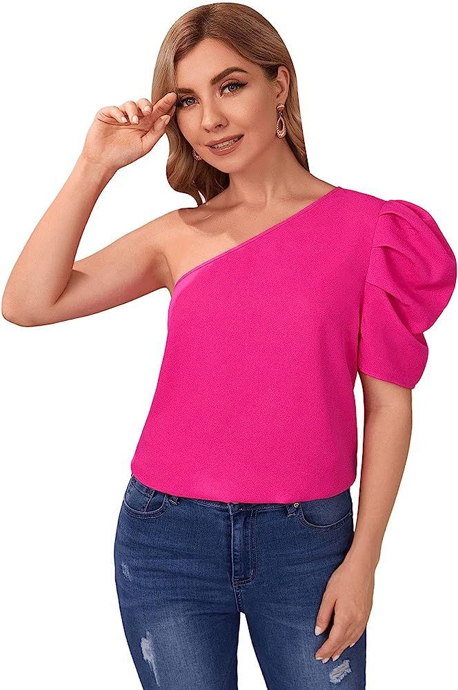 Verdusa Women's One Shoulder Puff Short Sleeve Solid Tee Top Blouse | Amazon (US)