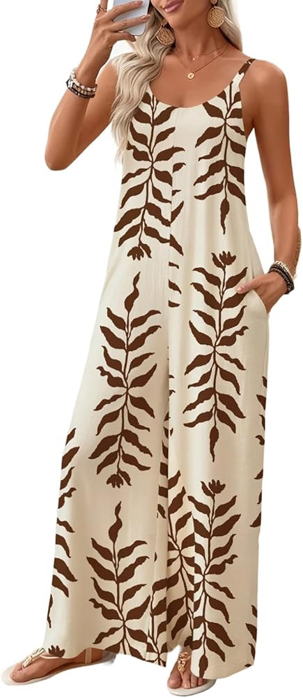 BLENCOT Women's Jumpsuits Summer Sleeveless Tropical Printed Pockets Wide Leg Pants Rompers Beach... | Amazon (US)