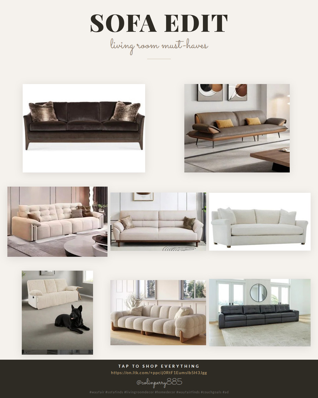 Sofa szn is HERE and Wayfair is not playing 😍 From that gorgeous dark velvet to the fluffiest boucle bubble sofa — every single one of these is a statement piece 🤍 All 8 linked here — tap to shop! 👆 

 