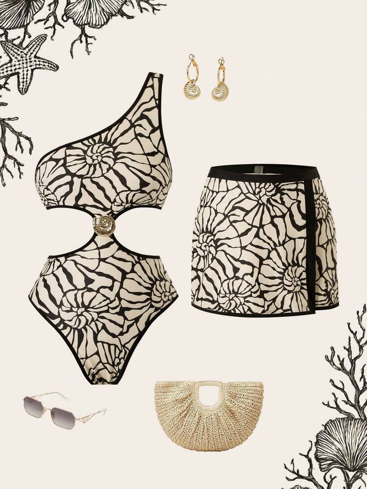 Swim Oasis 1pc Women's One-Piece Swimsuit + 1pc Skirt 2-Piece Set, Asymmetrical Hollow Out One Shoulder, Fashionable Casual Resort Swimwear, Spring/Summer/Autumn Curve Beach Outfits Beach Outfits For Woman Set High Waisted Bathing Suits Sea Shell Outfit | SHEIN