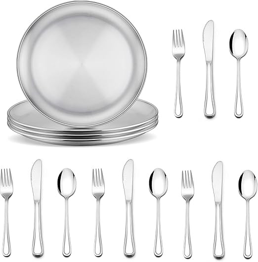 E-far 12-Piece Kids Silverware and Stainless Steel Plates Set of 4, Stainless Steel Toddler Kids ... | Amazon (US)