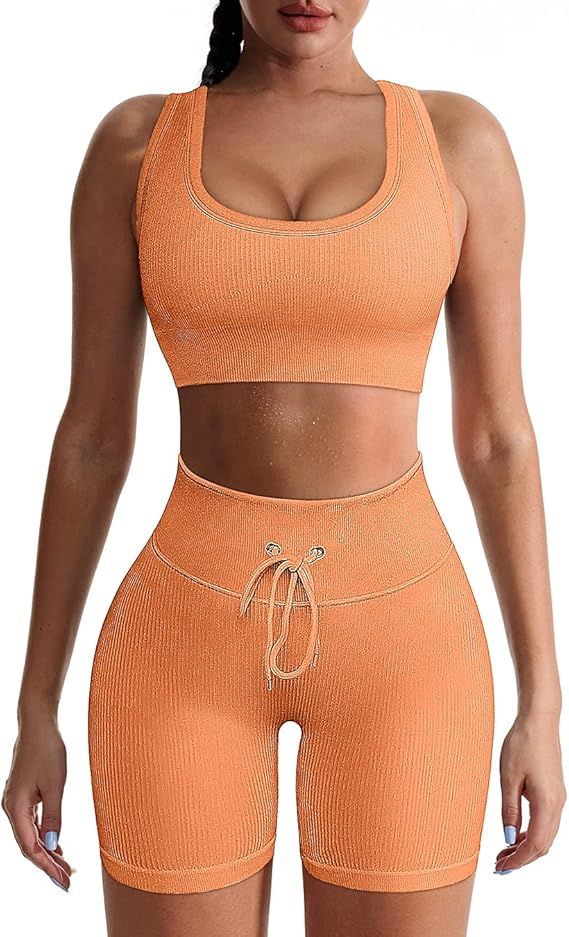 OYS Workout Set 2 Piece for Women Seamless Rib Sports Bra High Waisted Yoga Shorts Outfit Tracksu... | Amazon (US)