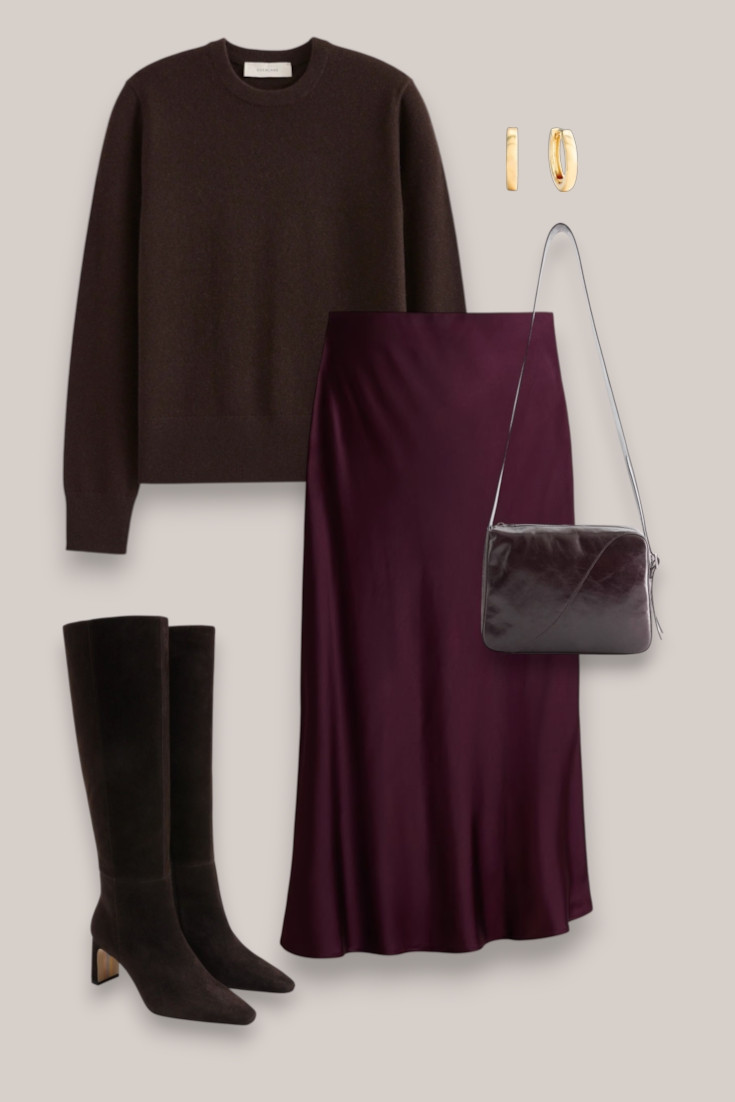 Chocolate Brown + Burgundy
Chocolate brown + burgundy might be my favorite fall color combination 🍂 The satin skirt dresses up a simple brown knit, while knee-high boots make it perfect for cooler weather.

#LTKdatenight #LTKautumn #LTKstyletip