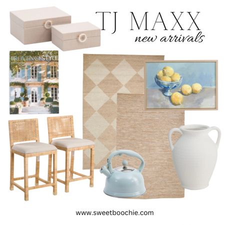 TJ Maxx new home decor spring arrivals. loloi rug, vase, artwork, pastel tea kettle, coffee table books, counter stools, wood boxes. 

#LTKsalealert #LTKhome #LTKFind