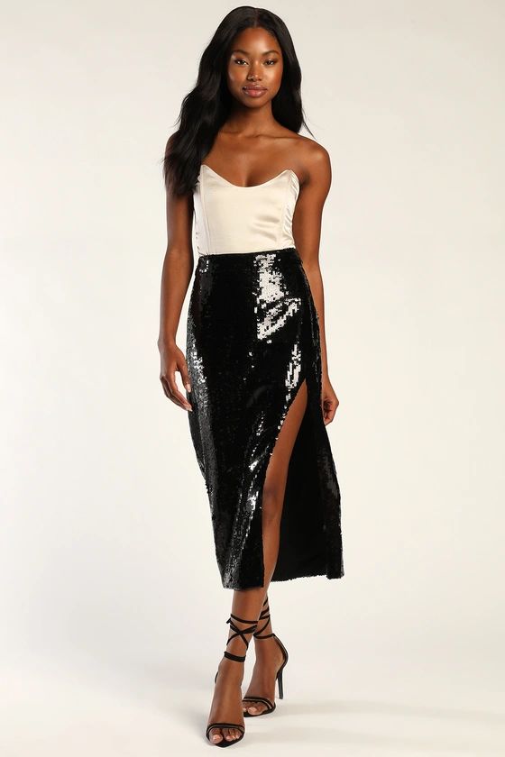 Throwing Sparkles Shiny Black Sequin Midi Skirt | Lulus (US)