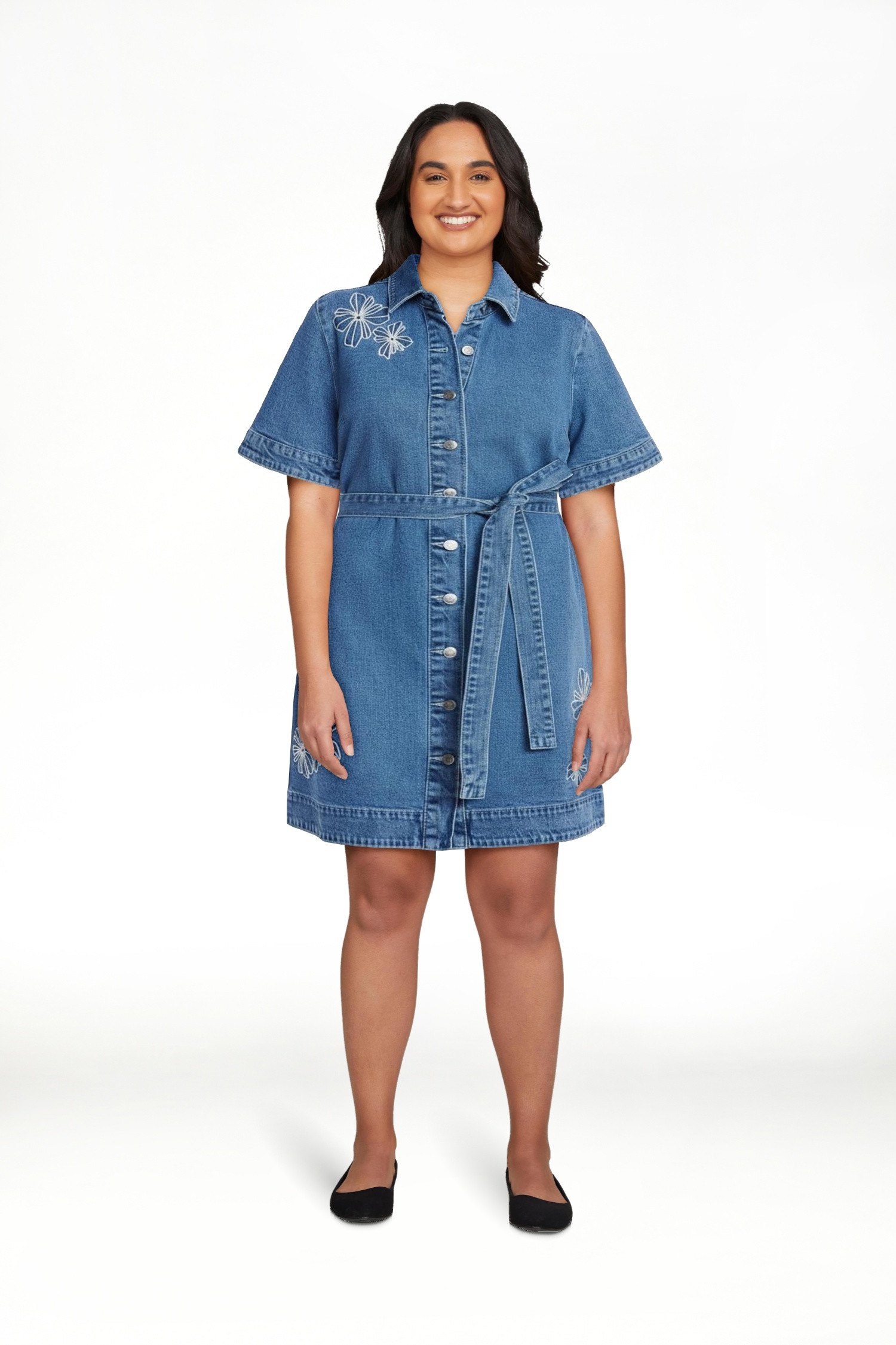 Free Assembly Women's and Women's Plus Embroidered Denim Mini Shirtdress with Belt, Sizes XS-4X | Walmart (US)