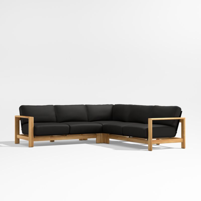 Anguilla Teak 3-Piece L-Shaped Outdoor Sectional Sofa with Black Cushions | Crate & Barrel | Crate & Barrel