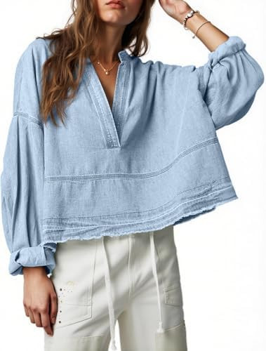 PLNOTME Womens Denim Tops Pullover Trendy Casual V Neck Loose Fit Puff Sleeve Jean Cotton Shirts | Amazon (US)