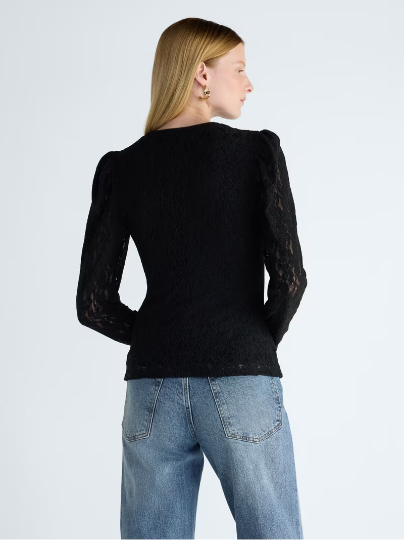 Scoop Women\u2019s and Women\u2019s Plus Lace Top with Puff Shoulders, Sizes XS-4X | Walmart (US)