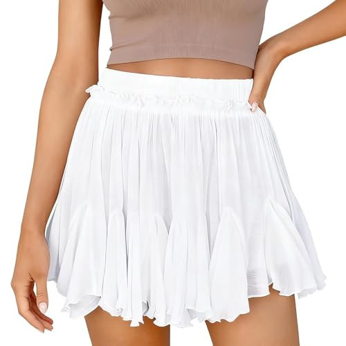 Flowy Linen Short Boho Beach Ruffle Mini Skirts Pleated High Waist Cute Butterfly Skorts with Pockets for Women Summer Trendy,White-S | Amazon (US)