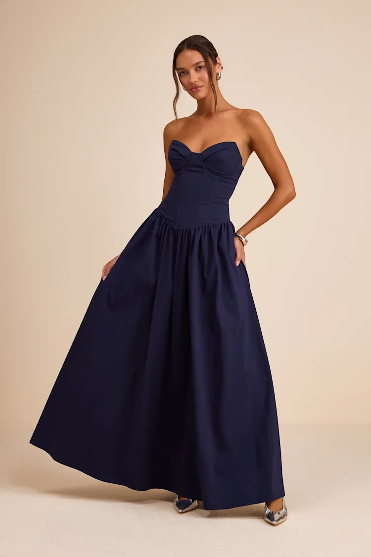 Almeria Navy Blue Strapless Lace-Up Maxi Dress | Lulus