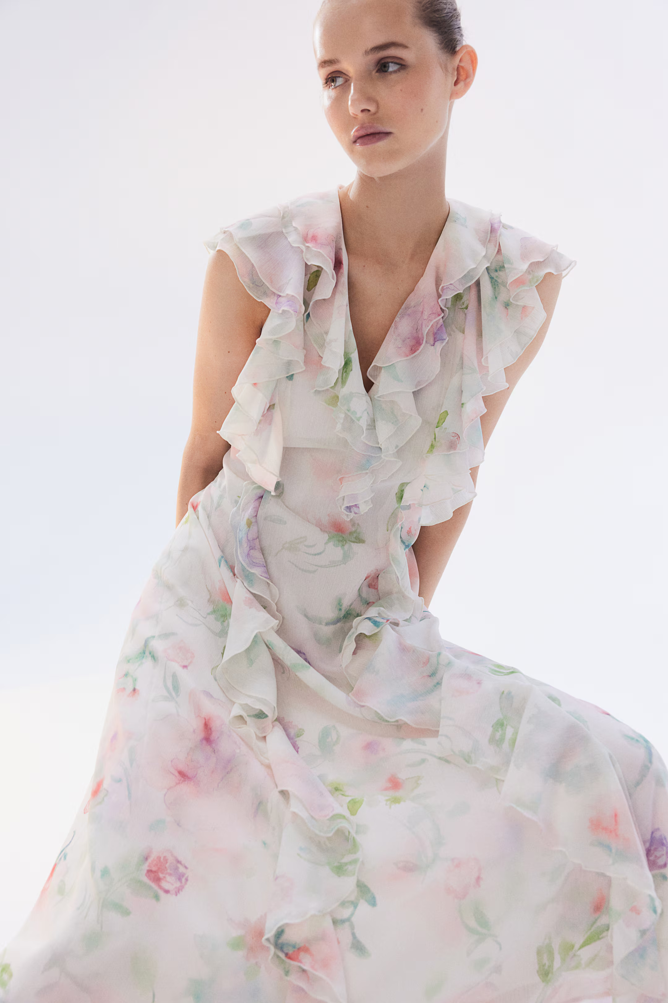 Flounced Chiffon Dress - White/floral - Ladies | H&M US | H&M (US + CA)