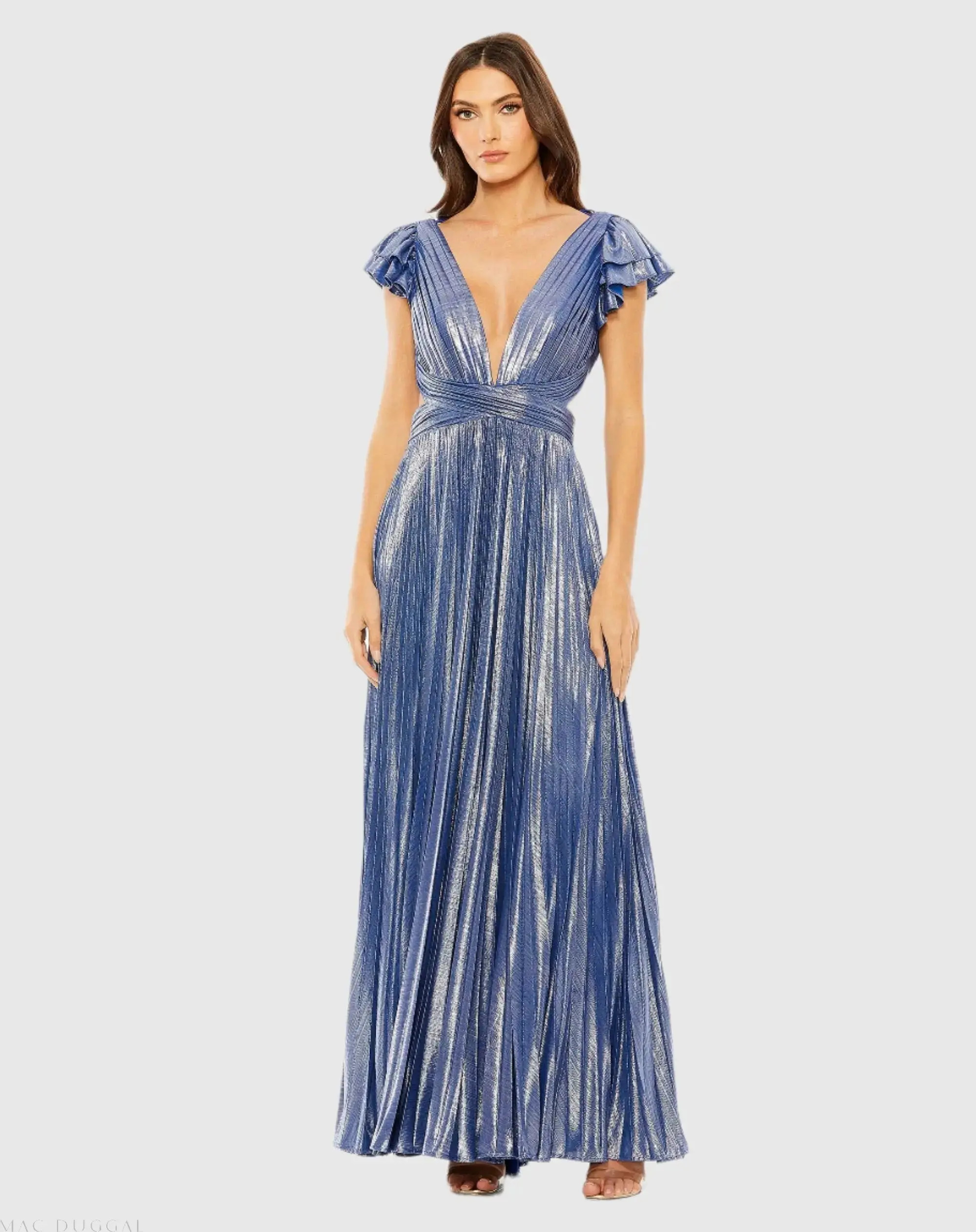 Blue Ruffle Sleeve Cutout Pleated Metallic Gown - Mac Duggal | Mac Duggal