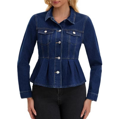 INSPIRE CHIC Women's Denim Button Down Turndown Collar Long Sleeve Ruffle Hem Peplum Jean Jackets X-Large Dark Blue | Target