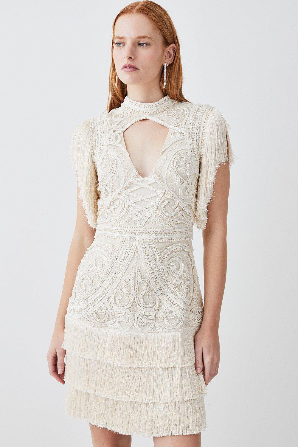 Cornelli Embellished Fringed Woven Dress | Karen Millen US