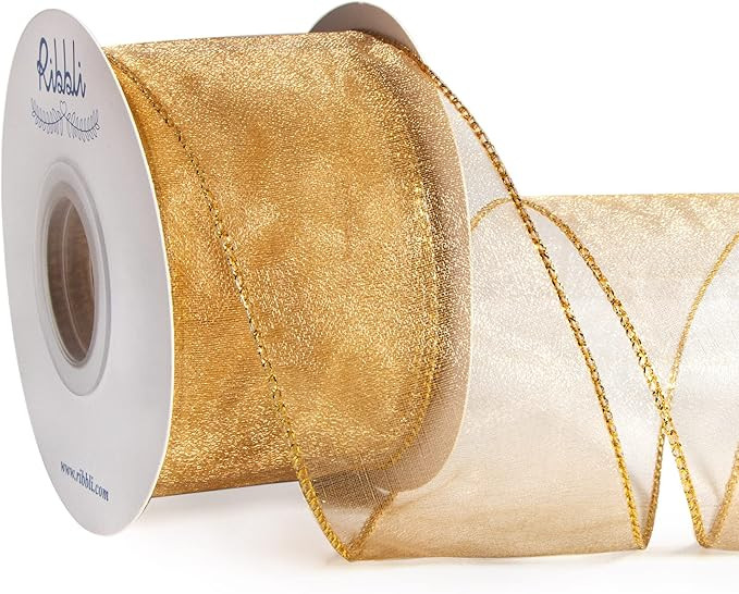 Ribbli Gold Organza Wired Ribbon, Old Gold Sheer with Metallic Edge,2-1/2 Inch x 20 Yards Christm... | Amazon (US)
