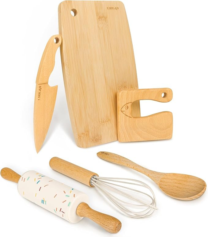 Wooden Kids Safe Knife and Kids Baking Set for Real Cooking, 6 PCS Toddler Montessori Kitchen Too... | Amazon (US)