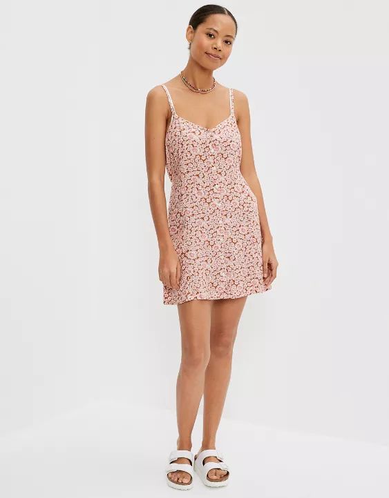 AE Floral Button-Front V-Neck Mini Dress | American Eagle Outfitters (US & CA)