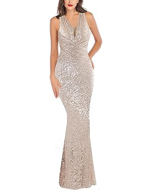 A ARFAR Women Wedding Sequin Dress V-Neck Sleeveless Dress Mermaid Maxi Long Dress Formal Evening... | Amazon (US)
