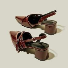 Women's Wine Red Patent Leather Pointed Toe One-Strap Chunky Heel Pumps High Heels, Elegant Pointed Toe Formal High Heels, Fashion Peep Toe Slingback | SHEIN