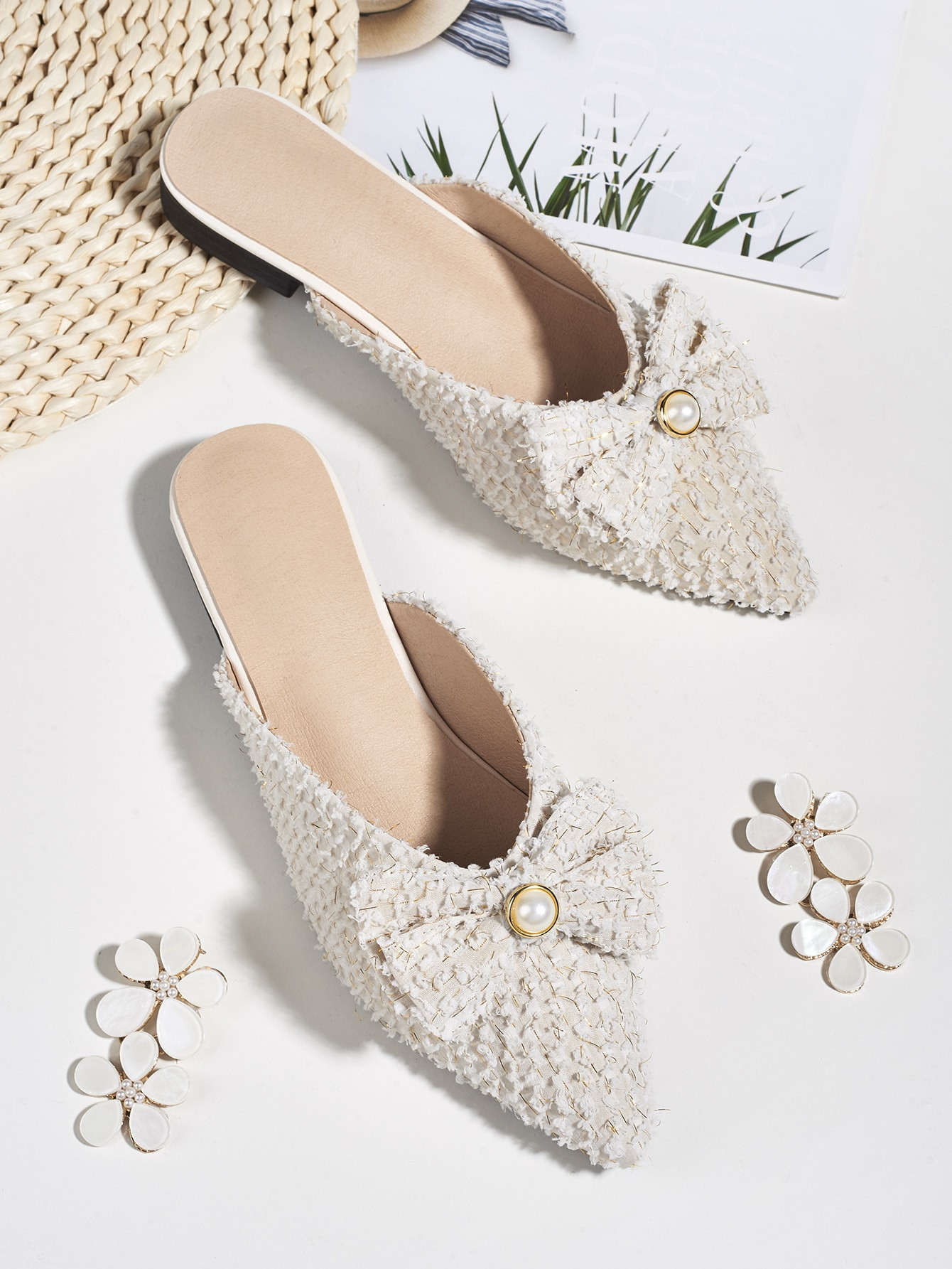 Bow Decor Tweed Flat Mules | SHEIN