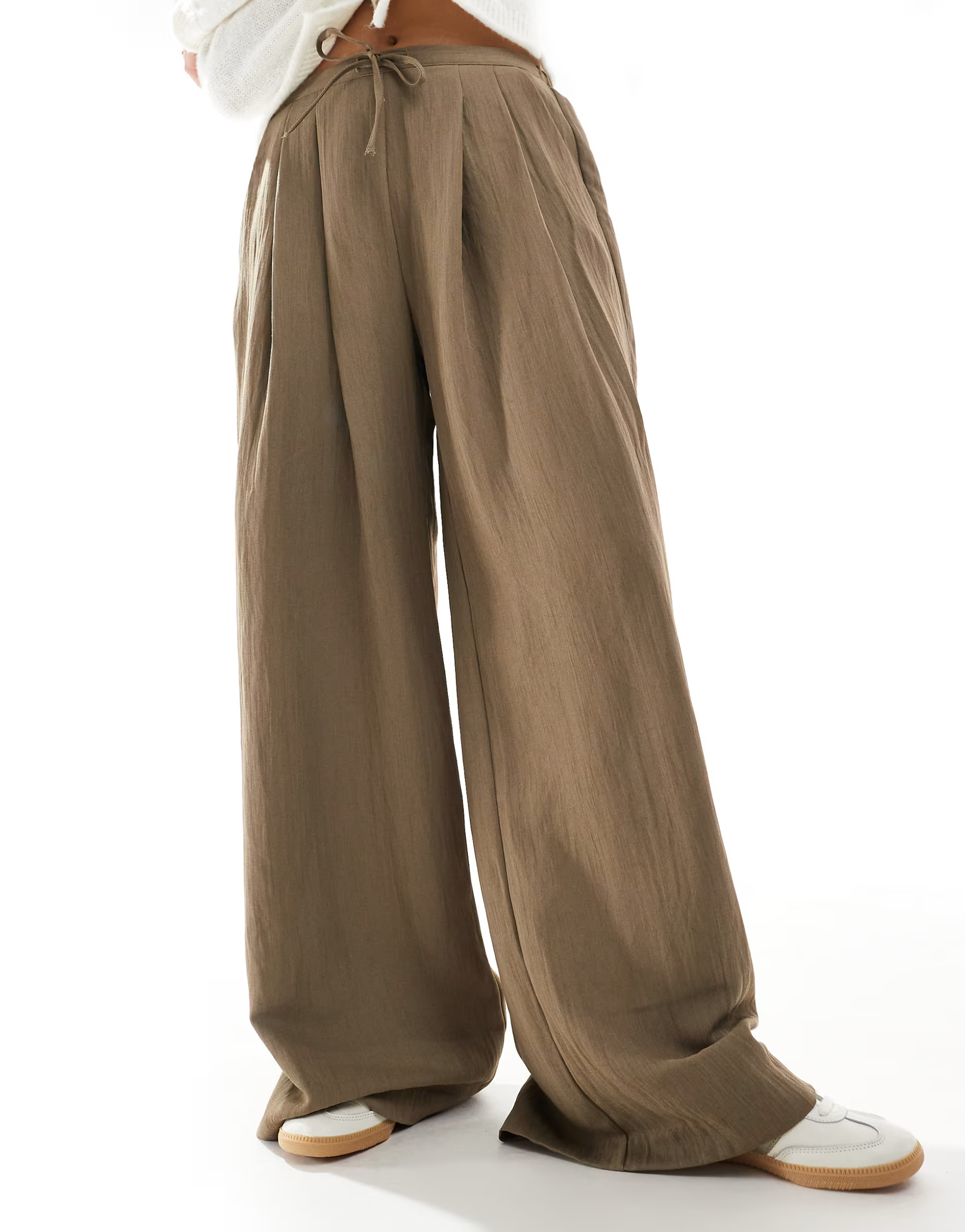 Stradivarius wide leg crinkle tie waist trouser in beige | ASOS (Global)