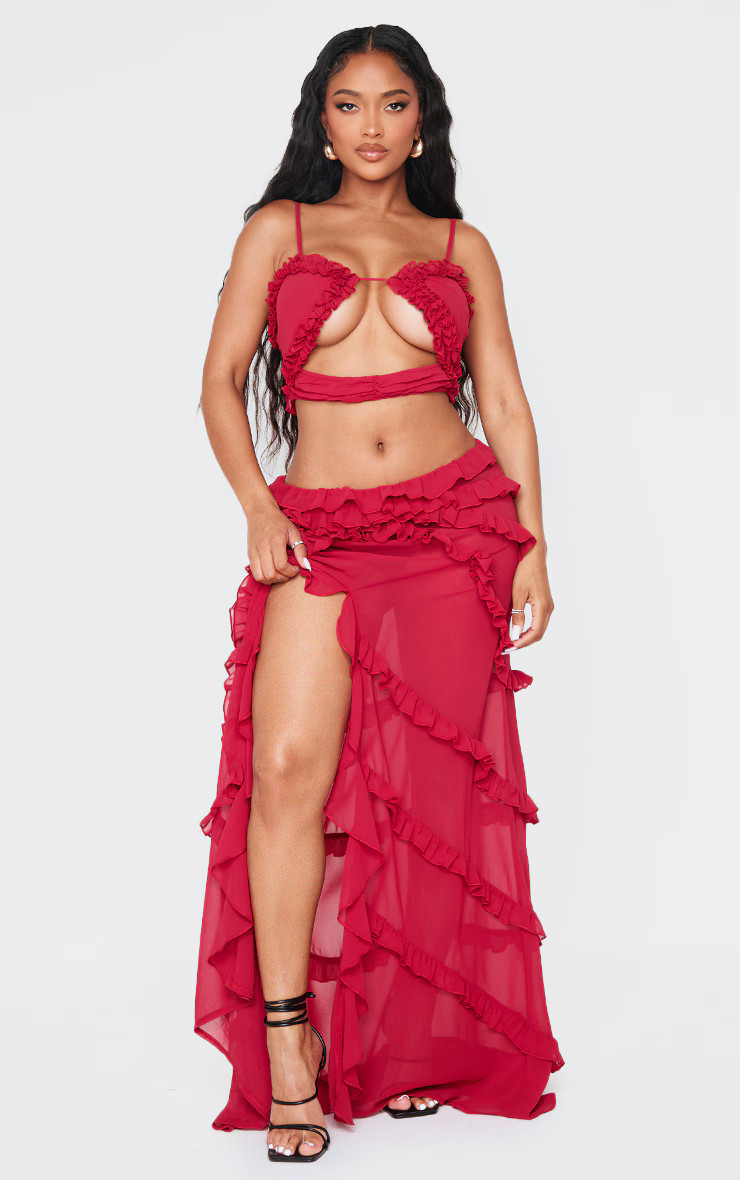 Shape Red Low Rise Frill Detail Front Split Maxi Skirt | PrettyLittleThing US