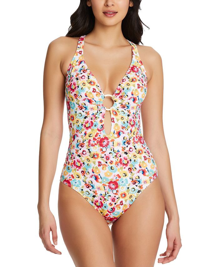 Flower Hour Printed Plunging One-Piece Swimsuit | Macys (US)